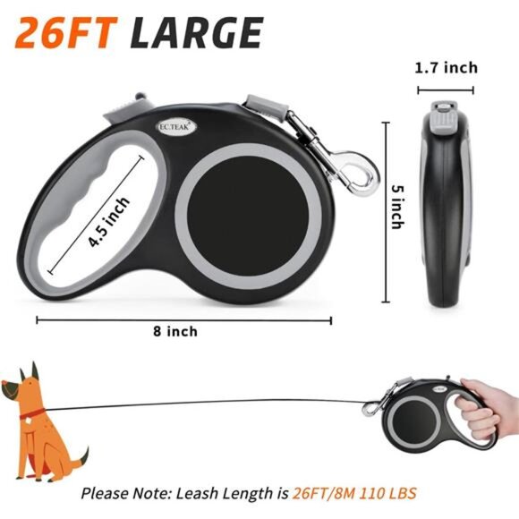Retractable Dog Leash 26 FT, Heavy Duty Dog Leash for Dogs up to 110lbs, Strong - Picture 3 of 7